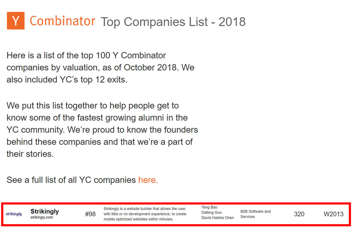 Strikingly 入选 Top 100 YC companies 名单！